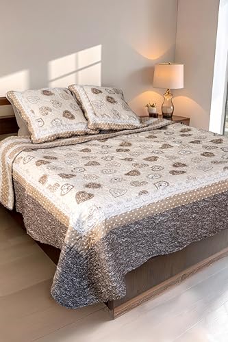 Autrefois Frenchy Lin Boutis Patchwork 230x250 cm avec 2 Taies d'oreiller 65x65 cm, Couvre-lit Matelassé 2 Personnes, Dessus de lit Motifs Cœurs