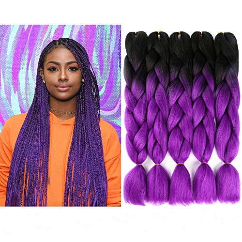 VCKOVCK 100% Kanekalon Braiding Hair Jumbo Braiding Hair Black Jumbo Braids Hair Extensions Synthetic Kanekalon Fiber Braiding Hair for Twist 24",5 Bundles/Lot,Black-Purple