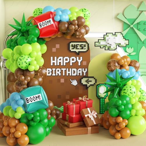 147Pcs Video Game Balloon Arch Kit Pixel Green Brown Blue Latex Balloons with Boom Foil Balloon for Boy Gamer Night Birthday Party Decoration Supplies