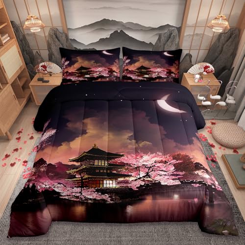 Homewish Japanese Style Comforter Set King Size Moon Cherry Blossom Bedding 3pcs Romantic Night Sky Scenery Quilt,Room Decor Exotic Pink Duvet Insert,2 Pillowcases ZZRS896ZMD-BZ_USk