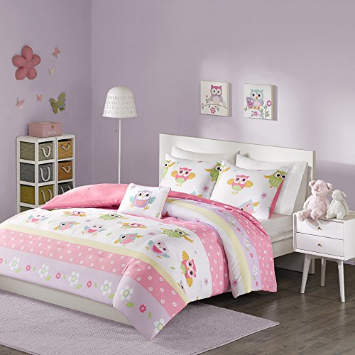 Comfort Spaces Kid 3 Piece Twin XL Comforter Cute Owl Animal Flowers Poka Dot Striped Design Decor Boys Girls All Season Down Alternative Bedspread Set, Pink