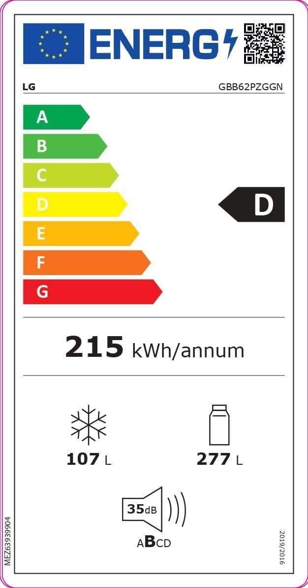 LG GBB62PZGGN Frigorifero Combinato Total No Frost con Congelatore, 384 L, 35 dB, Compressore Smart Inverter, Linear Cooling, Door Cooling, Fresh Converter - Frigo con Freezer e Display LED Interno