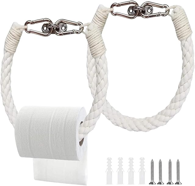 Uiopa Toilet Paper Holder 2pcs Cotton Rope Toilet Roll Holder Wall Mounted, Kitchen Paper Holder Bath Rack Nautical Bathroom Toilet Roll Stand Bath Towel rack for Decorative Home Accessories (White)