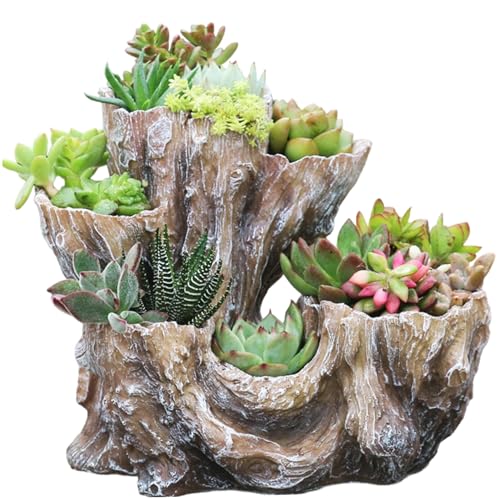 Hintyne Pflanzgefäß aus Treibholz unregelmäßiges rustikales Pflanzgefäß aus Kunstharz kreative Sukkulenten-Töpfe Holzstumpf-Imitat für Kräuter Blumen Erdbeeren und kleine Pflanzen weiß