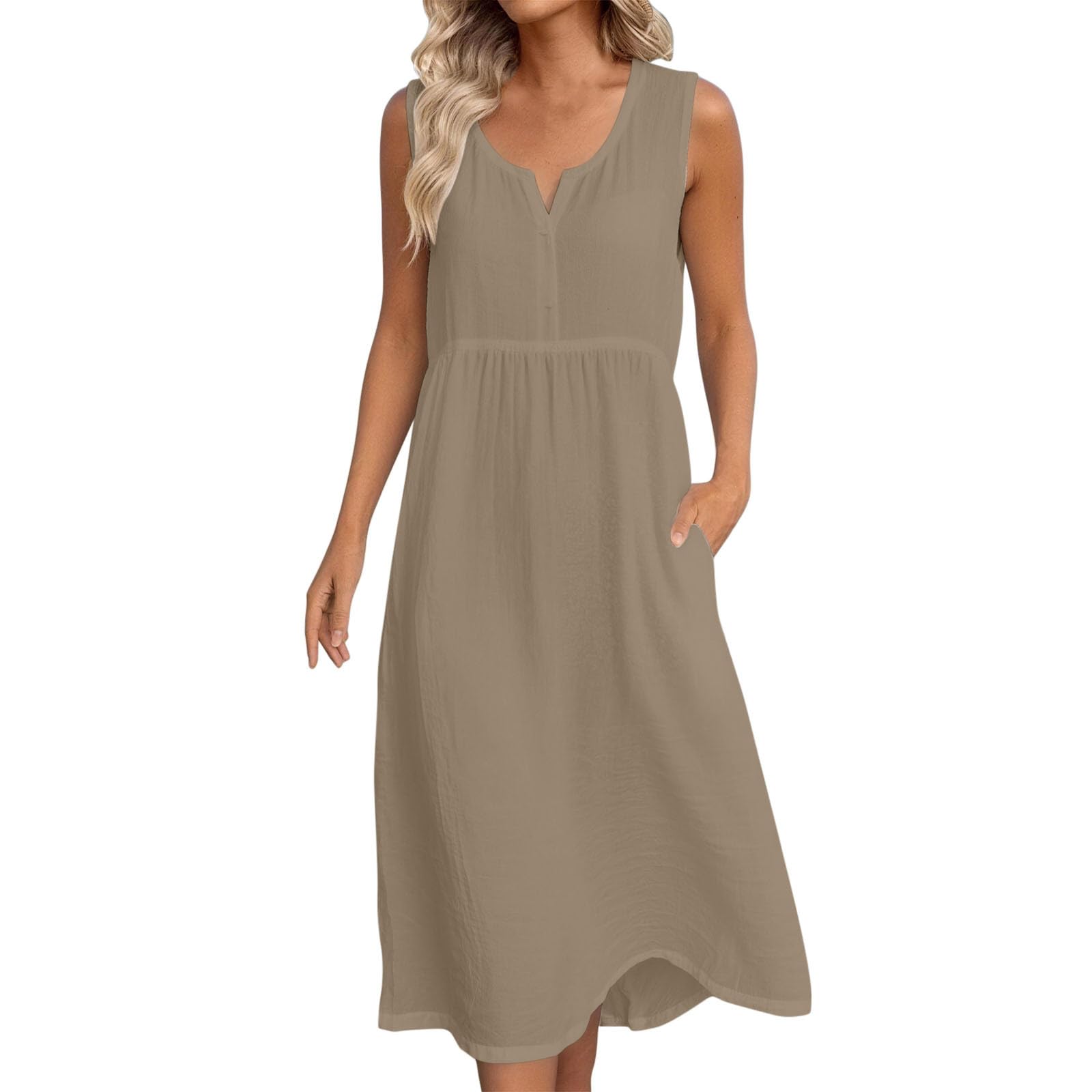 Womens Cotton Linen Midi Dresses Sleeveless Crewneck Empire Waist Loose Comfy Beach Casual Sundress