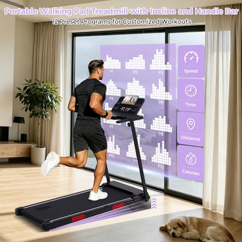 Image of Compact Walking Pad Treadmill with Handle Bar and Incline for Home, 2026 Upgrade Portable Walking Treadmill with Handles, 3.0HP Walking Pad for Exercising, 0.6-7.6MPH, 350LBS