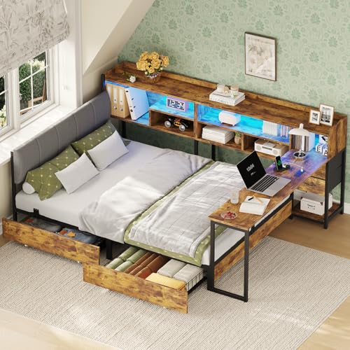 Dnxao Corner Bed Frame Twin with 4 Storage Drawers and 6 Bookcase Storage& Desk, Twin Bed Frame with LED Lights and Charging Station,Twin Daybed for Living Room, Bedroom,Rustic Brown