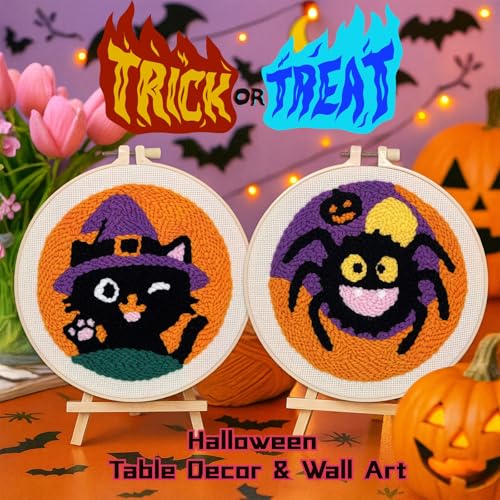 Image of Halloween Punch Needle Kit for Adult Beginner, Easy Punch Embroidery Starter Set with Instruction, Fun DIY Needle Point Craft for Home Decor & Holiday Gift Idea(2pcs Cat & Spider)