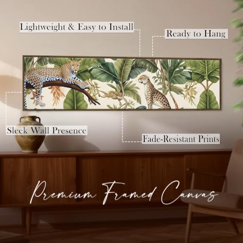 Image of Tropical Leopard Jungle Exotic Wildlife Canvas Framed Wall Art Painting For Living Room, Green Botanical Jungle Painting With Frame Tropical Leopard Wall Art For Home & Office, 13x47 Inch
