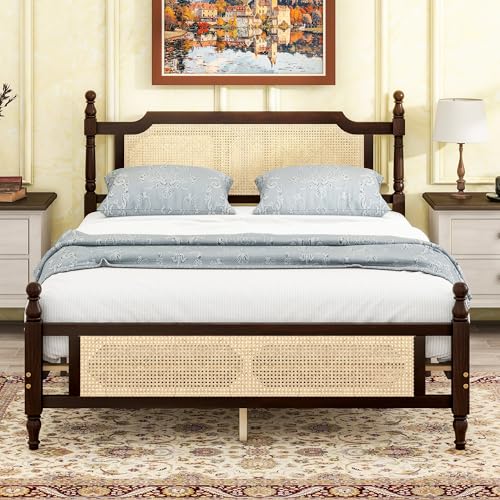 SOFTSEA Queen Size Rattan Bed Frame, Boho Platform Bed with