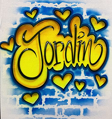 Airbrush Urban Graffiti, Yellow & Blue, Hearts Name Design T Shirt