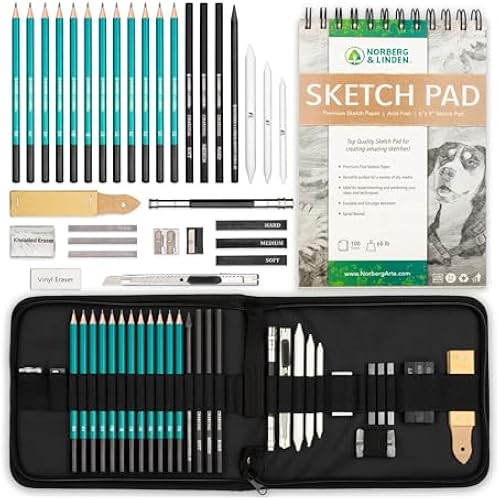 Norberg & Linden XL Drawing Set - Sketching, Graphite and Charcoal Pencils. Includes 100 Page Drawing Pad, Kneaded Eraser, Blending Stump. Art Kit and Supplies for Teens and Adults