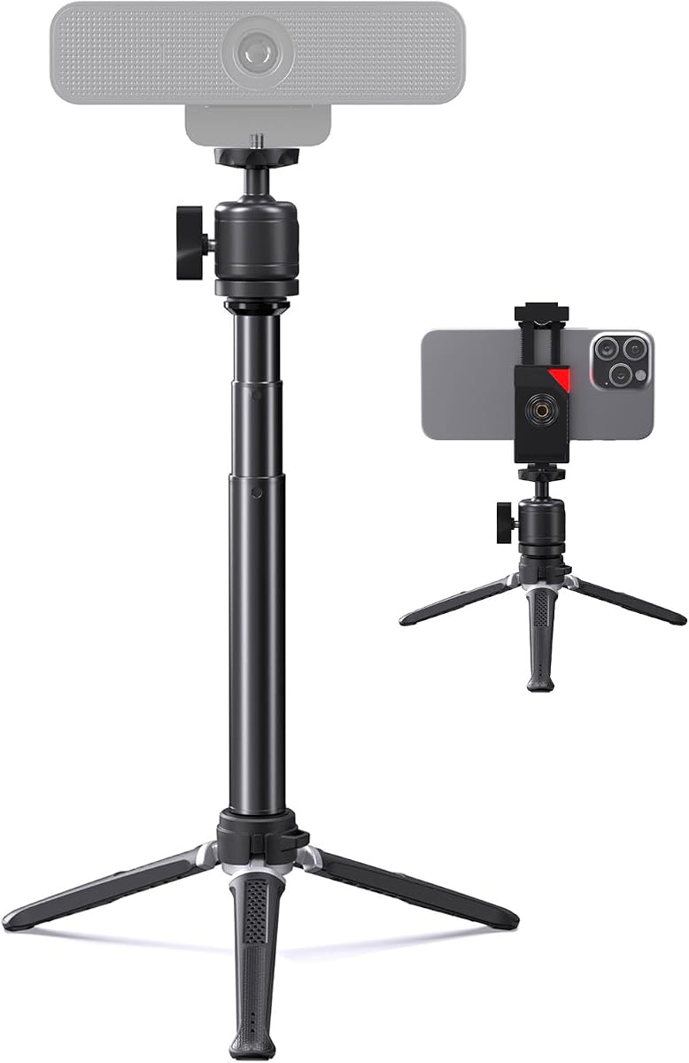 Webcam Tripod Stand for Desk, 360° Swivel, 1/4 Thread, with Phone Holder | Fit Logitech C920/C922/C925e/C930/C615/BRIO 4K/NexiGo N60/GoPro, Adjustable Height & Base, for Streaming/Video Call/Recording