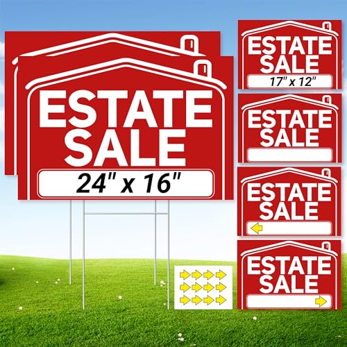 6 Pcs Estate Sale Signs with Stakes 2 Foldable Extra-Large Estate Sale Signs 24 x 16 and 4 Large Yard Signs 17 x 12 with Metal Stakes and Double Sided Waterproof Design for Estate Sale Supplies