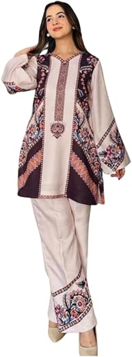 ZELENKA Women Rayon A-Line Kurti Palazzo Co-Ord Set Digital Print 3/4 Sleeve Shirt Collar Above Knee Tunic Top & Pant Casu...