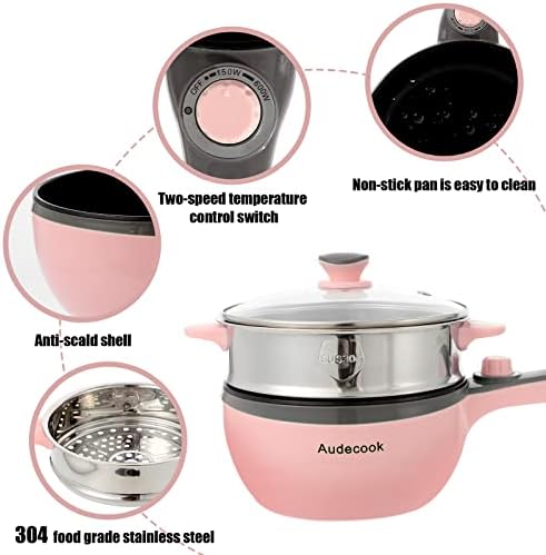 Audecook Electric Hot Pot with Steamer, Electric Frying Pan 20cm, 1.5L Non-Stick Mini Electric Skillet, Multi Cooker with Dual Power Control for Dorm, Travel, Home - Pink