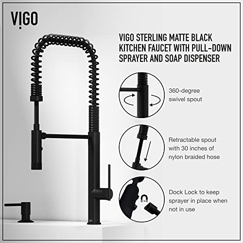 Vigo Sterling Matte Black Kitchen Faucet With Pull-Down Sprayer | Solid Brass Faucet For Kitchen Sink With Soap Dispenser | Single-Handle Kitchen Sink Faucet With Dual Functioning Sink Sprayer #TOP1