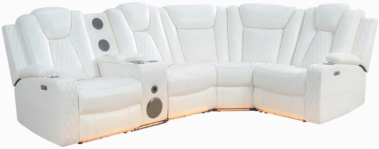 Naomi Home Chicago Reclining Sectional - Air Leather 5 Seater with Power Recline Bluetooth LED USB Adjustable Headrests Cup Holders