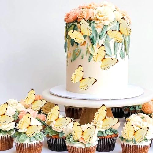 Blumomon 40 Stück Essbare Schmetterling Kuchen Topper Dekorationen Gelb Schmetterlinge Cupcake Toppers Hochzeit Geburtstag Party Cupcake Dekoration Ornamente Geburtstagstorte Topper