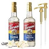 2 Syrup Pump Dispenser Bundle with Torani Coffee Syrup, Vanilla & White Chocolate, 25.4 Ounces Syrup Bottles