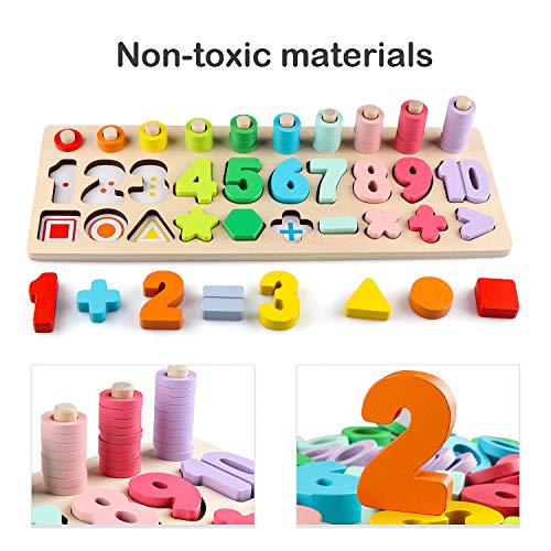 Montessori Toys for Toddlers Wooden Number Blocks Math Counting Shape Sorter Puzzle Board Jigsaw Preschool Educational Learning Sensory Activities Toys for Ages 3 4 5 Kids Boy Girl