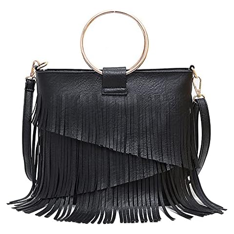Goclothod Women Hippie Fringe Tassel Suede Hobo Shoulder Bag Vintage Messenger Crossbody Handbag, Z-charming, One Size Cover