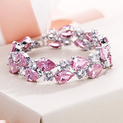 Ever Faith Women's Prong Cubic Zirconia Vintage Style Dual Layer Tear Drop Bracelet Pink Silver-Tone #TOP2