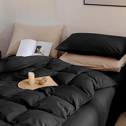 Miniatura 3 de JELLYMONI Juego de funda de edredón 100% algodón lavado, 3 piezas ultra suave con cierre de cremallera. Funda de edredón con patrón de color sólido