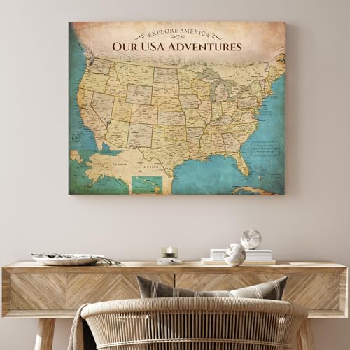 Image of DECORARTS - Push Pin Travel Map USA, US Maps for Wall, Antique Vintage Old United States Pin Board Canvas Wall Art, Giclee Print on Canvas, Handcrafted in USA, 20x16''