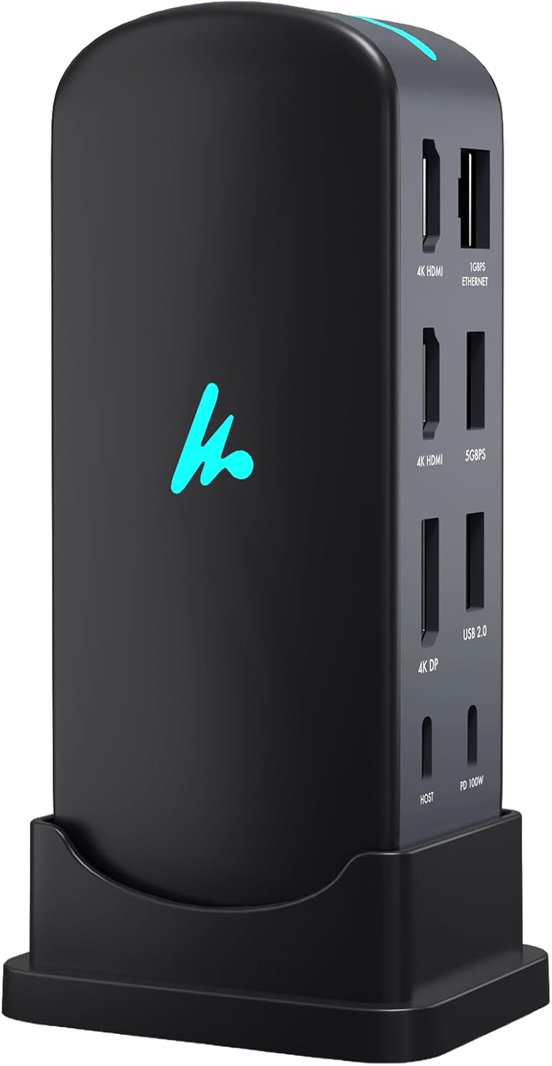 Type C 14 in 1 Wozoyo Docking Station, PD 100W, 2X4K@60Hz HDMI, 4K DisplayPort, 2XType-C 10Gbps, USB 10Gbps, Gigabit Ethernet, AUX Port, Compatible Thunderbolt 4, macOS, Windows, Android & iOS