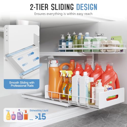 Image of Under Sink Organizer Upgrade To Professional Rails,2-Tier Dual Pull Out Cabinet Storage,Height Adjustable Slide Out Drawers For Bathroom Kitchen,2 Pack-18.5 inchDx12.8 inch-16.9 inchH,White