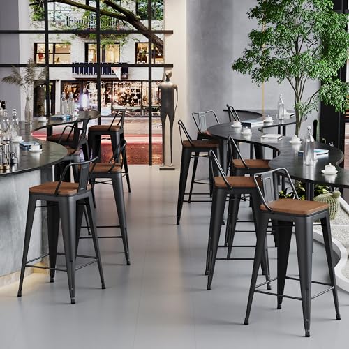 HAOBO Home 26\" Low Back Metal Counter Stool Height Bar Stools with Wooden Seat [Set of 4] Barstools, Matte Black - Thumbnail 7