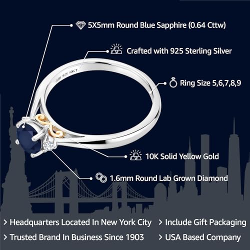 Gem Stone King 925 Sterling Silver and 10K Yellow Gold Blue Sapphire and White Lab Grown Diamond Engagement Ring For Women (0.64 Cttw, Gemstone September Birthstone, Available in size 5, 6, 7, 8, 9)2
