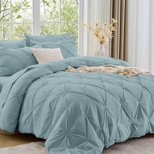 Image of Sasttie King Size Comforter Set, 7-Piece Bed in a Bag, Pintuck Bedding Sets for All Season, Includes Comforter, Flat Sheet, Fitted Sheet, Pillowcases and Pillowshams, Greylish Blue