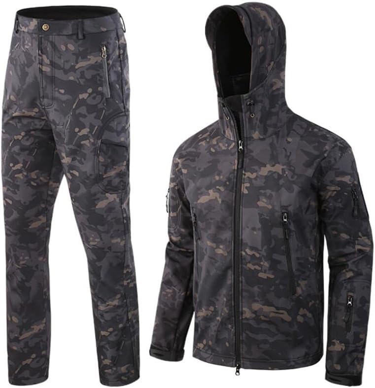 Hiking Jackets Outdoor Softshell Windbreaker Waterproof Camouflage Flight Military Tactical Hooded Fleece Rain Jacket + Pants(Cp black,E)