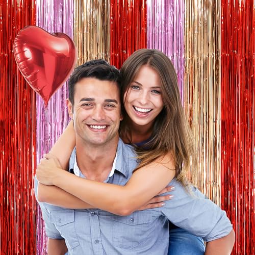 Image of Voircoloria 2 Pack Valentine Foil Fringe Backdrop Curtains, Tinsel Streamers Party Decorations, Fringe Backdrop, Door Shimmer for Valentine or Birthday Party