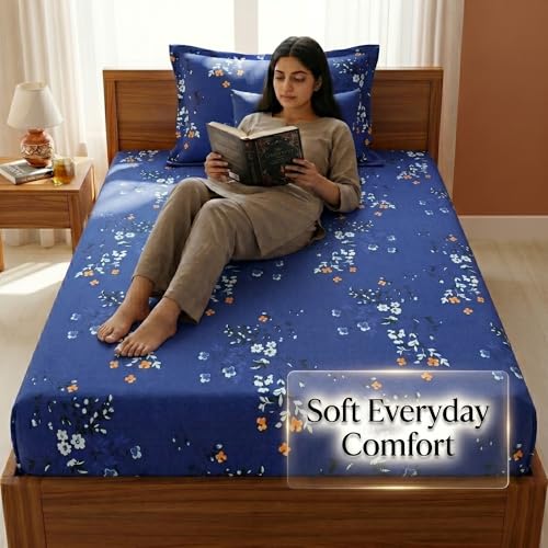 Image of Mafatlal 125 GSM Merino Single Size Bedsheet with Pillow Cover | 90 x 60 Inches | Soft, Breathable & Lightweight | Blue