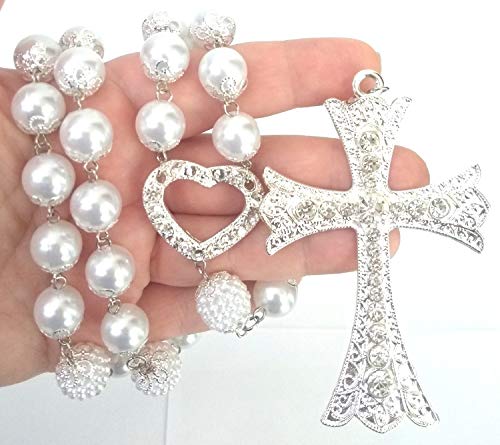 Terço Noiva Banho De Prata Perolas Brancas Pingente Coração