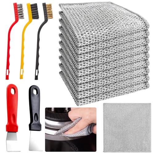 UZSUZZ 15PCS Multipurpose Wire Dishwashing Rags For Wet And Dry, Double Layer Wire Dishwashing Cloths, with 3 brushes and 2 spatula, Non-Scratch Wire Dishcloth Cleaning Cloths for Kitchen