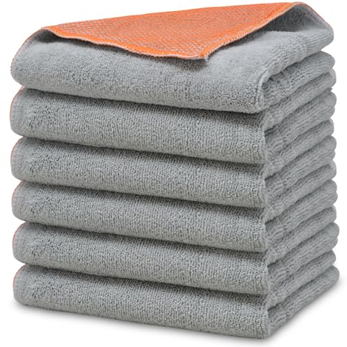 Towelogy Premium Microfibre Dish Cloths Anti-Odor Durable & Quick Drying Kitchen Rags with Scrubbing Side for Kitchen Cleaning and Washing up Dish Towels - GREY (6, 30x30cm)