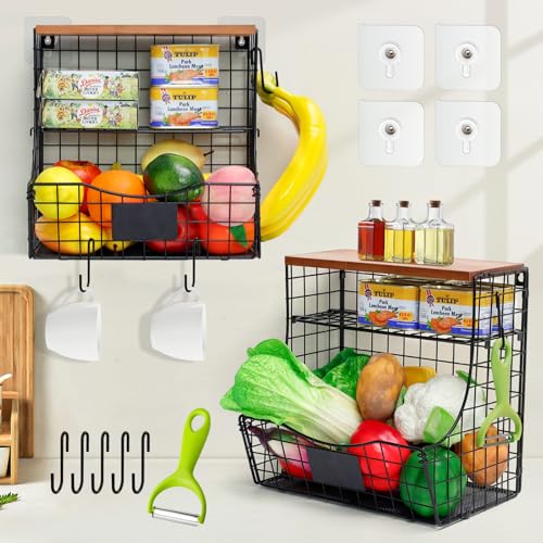 Wuciray 2pcs Frutero pared Cocina Cesta Patatas Frutas y Verduras Fruteros de Cocina Modernos con Cubierta Madera 5 Ganchos Organizador Metalica Rejilla Apilables y Montables en la Pared