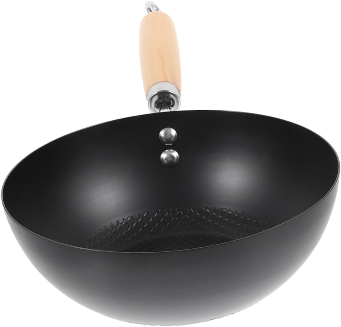 BHAJANSHREE 24cm Pre-Seasoned Iron Tadka Pan Gas Compatible Non-Stick Fry Pan Traditional Carbon Steel Wok with Strong Wooden Handle 10" Versatile Mini Padella Stir-Fry pan Chinese Cooking Pot