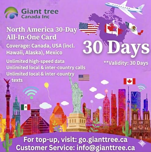 Giant Tree North America Travel SIM Card - 30 Days Unlimited High-Speed Data, Calls & Texts in USA, Canada & Mexico - Includes Hawaii & Alaska - Easy Activation by Giant tree Canada Inc - Used condition - CA$46.68