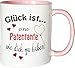 WarmherzIch Becher Tasse Glück ist… Patentante Kaffee Kaffeetasse liebevoll Bedruckt BFF Beste Freundin Schwester Weiß-Rosa