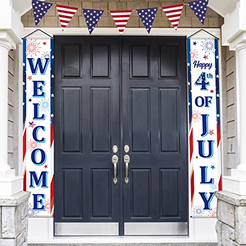 Image of Blulu 2 Pcs 4th / Fourth of July Banners Decorations for Outdoor Hanging Welcome Porch Sign Patriotic Independence Day Hanging Flag Memorial Day Banners Decorations for Party Door Home(Stylish Style)
