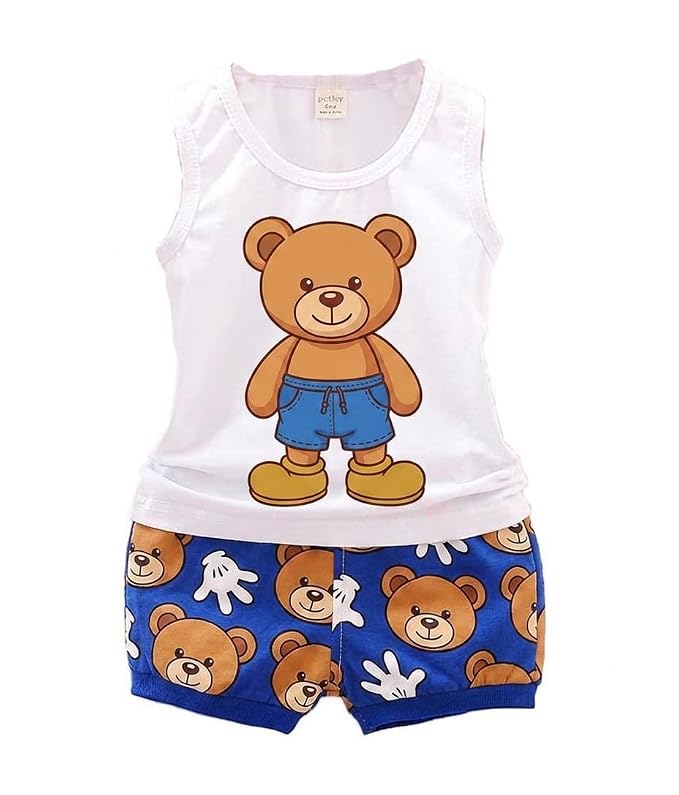 Bold N Elegant Random Cartoon Printed Adventure Sleeveless Vest T-Shirt Shorts Knicker Half Pant Clothing Set for Infant Toddler Baby Boy | Summer Wear for Kids