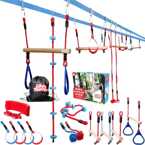 Double Ninja Slackline Obstacle Course For Kids | 110 Foot Line | Monkey Bars Playground Equipment | Ninja Warrior Obstacle Course For Kids | Patented Double Line Design (Deluxe) #TOP6