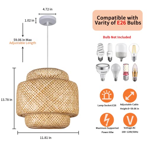 Teru Ji Kaikang Bamboo Pendant Light Fixture, 11.8''Hand-Woven Rattan Boho Hanging Lamp, Farmhouse Interior Flush Mount Ceiling Chandelier For Dining Living Bedroom Kitchen Restaurant #TOP1