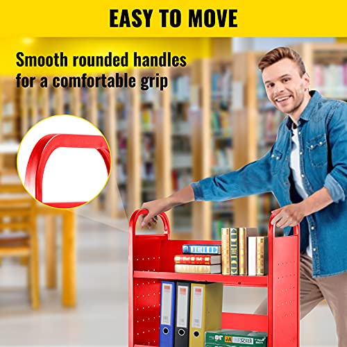 Bestequip Book Cart, 200 Lbs Library Cart, 49.2''X29.5''X13.8'' Rolling Book Cart, Single Sided V-Shaped Sloped Shelves With 4'' Lockable Wheels For Home Shelves Office School Book Truck, Red #TOP6