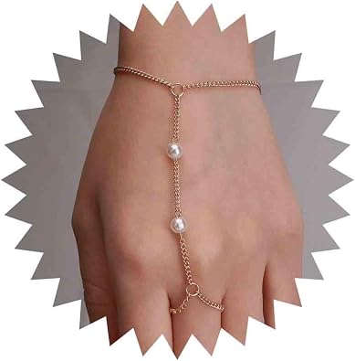 Gold Boho Pearl Finger Bracelet Chain Bracelet Vintage Ring Wrist Bracelets Wedding Pearl Ring Hand Chain Jewelry for Women